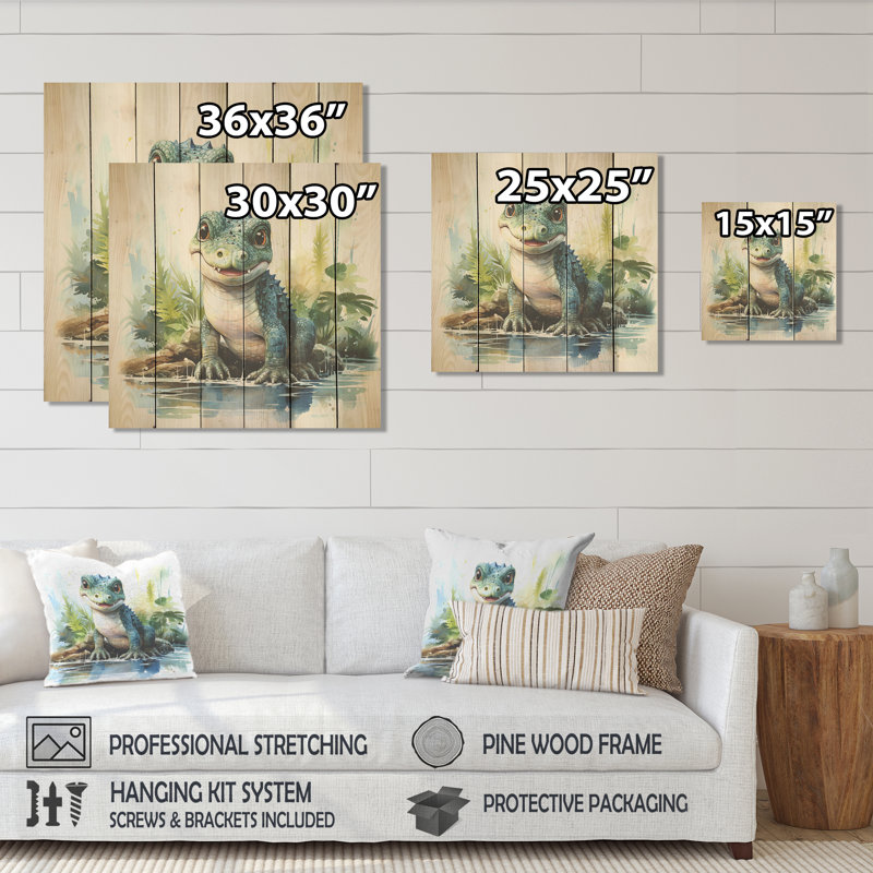 Green Crocodile Pond Adventures I - Alligator / crocodile sur bois, H 15 po x l 15 po