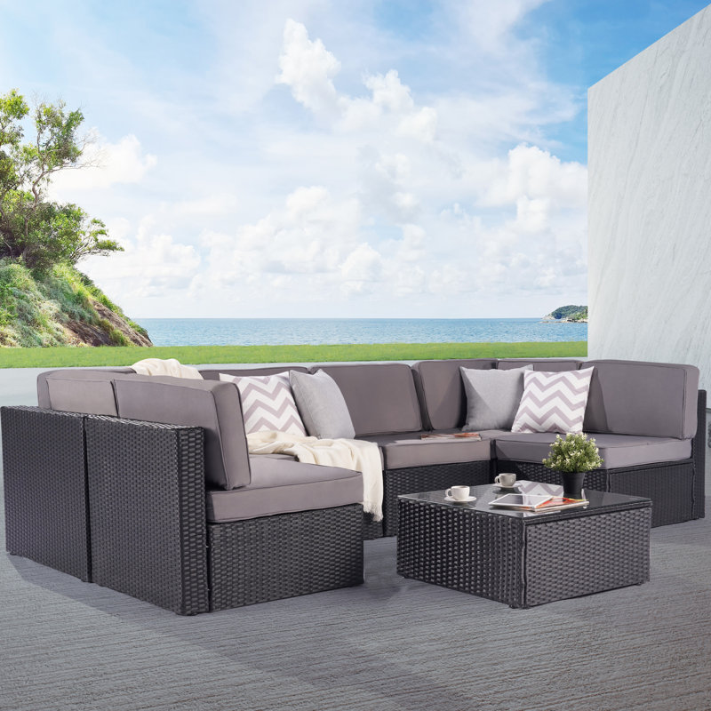 Ensemble de conversation modulaire en rotin avec coussins 7 pièces Jaiah, gris