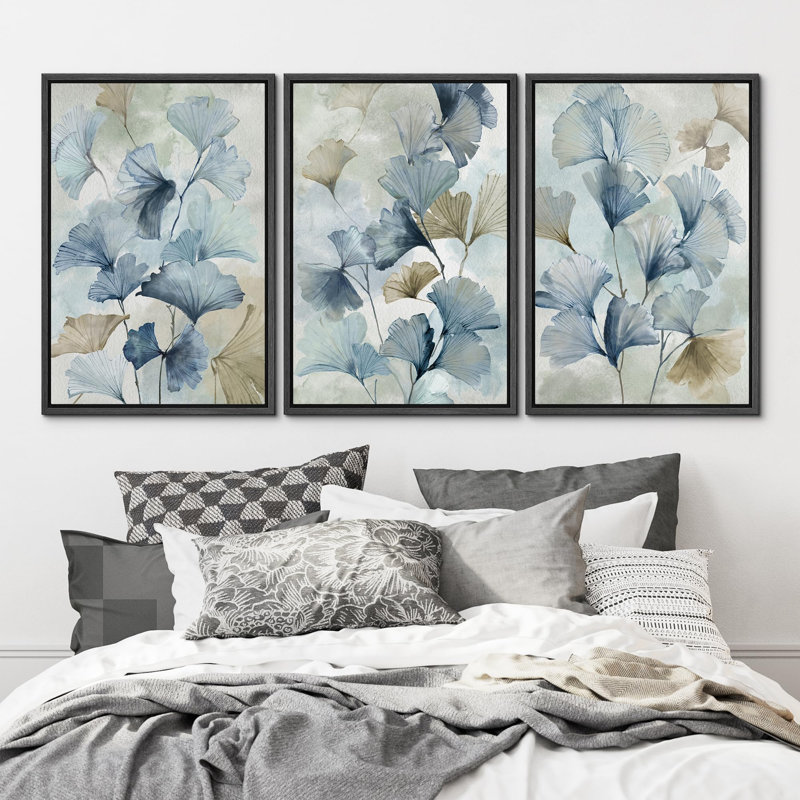 «Flower Blossoming Nature Wilderness Illustration Modern Boho Decor Chic Living Room Room» - 3 pièces sur, Noir