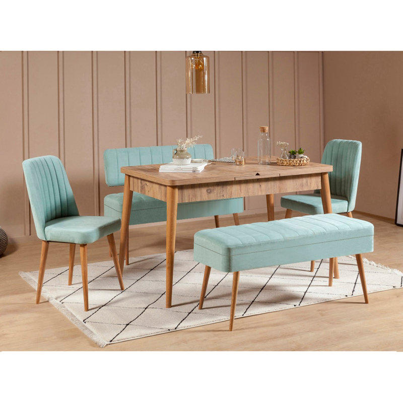 Kayonia 5-Piece Extendable Dining Table & Chairs Set, Atlantic Pine & Pistachio Green, 50.8 x 29.5 x 31.5 inches | 100% Melamine Coated Particle Board & 100% Velvet | Modern Scandinavian Design, Perfect for Dining Rooms & Gatherings