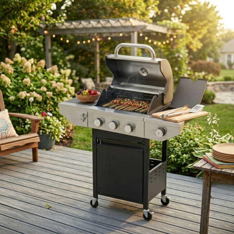 Barbecue au propane à 3 brûleurs avec brûleur latéral, barbecue au gaz en acier inoxydable pour barbecue en plein air, camping