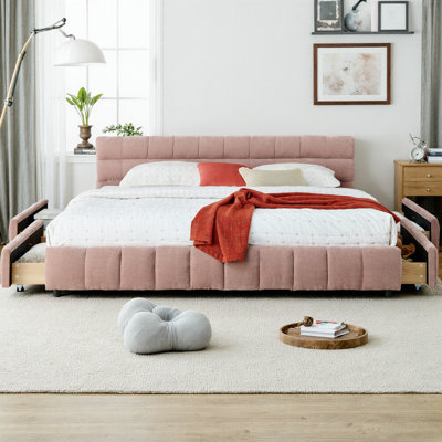Très grand lit plateforme tapissier avec tiroirs de rangement, structure de lit en chenille douce avec tête de lit, conception moderne avec mise à la terre, aucun sommier tapissier requis, assemblage facile