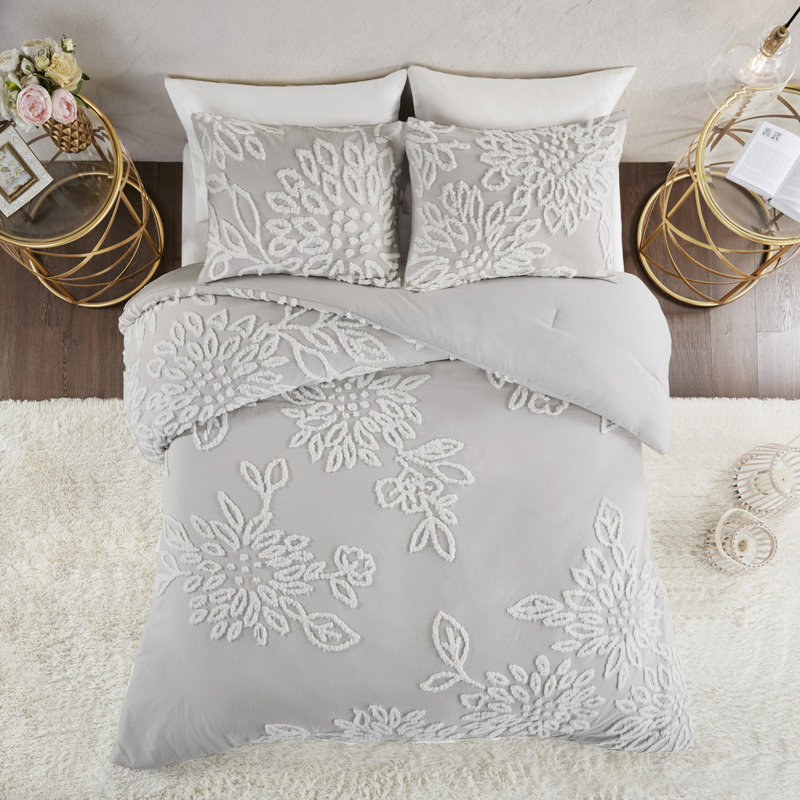 Ensemble d'édredon 3 pièces en chenille de coton gris chaud / blanc, Full/Queen Comforter + 2 Shams, Warm Gray