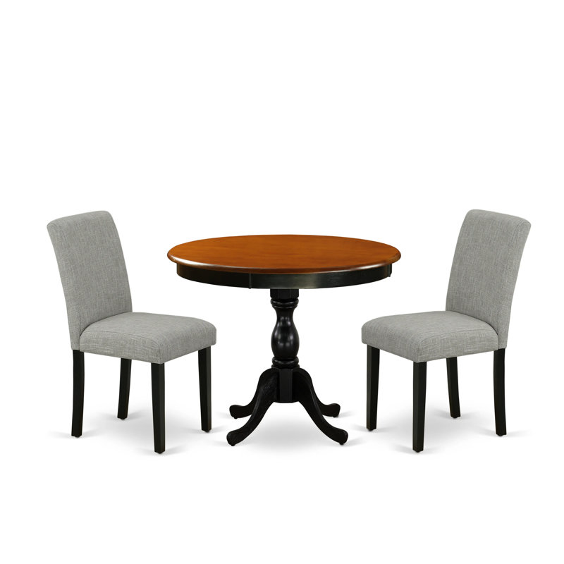 3 Piece Dining Table Set for Small Spaces Contains a Round Kitchen Table with Pedestal and 2 Shitake Linen Fabric Upholstered Chairs, Black & Cherry
