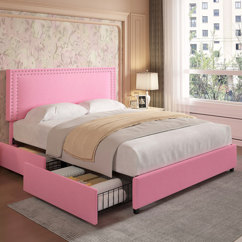 Grand lit avec tiroirs de rangement Lit plateforme tapissier avec tête de lit réglable, Grand, Rose