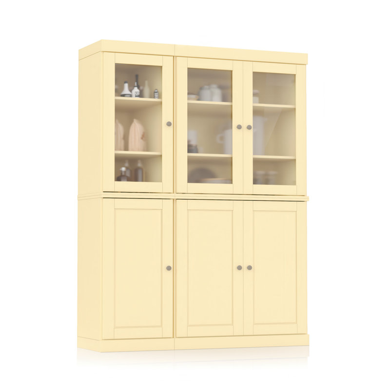 Vaisselier 100% bois massif 48,5 po avec portes en verre dépoli massif et tablettes réglables, Jaune