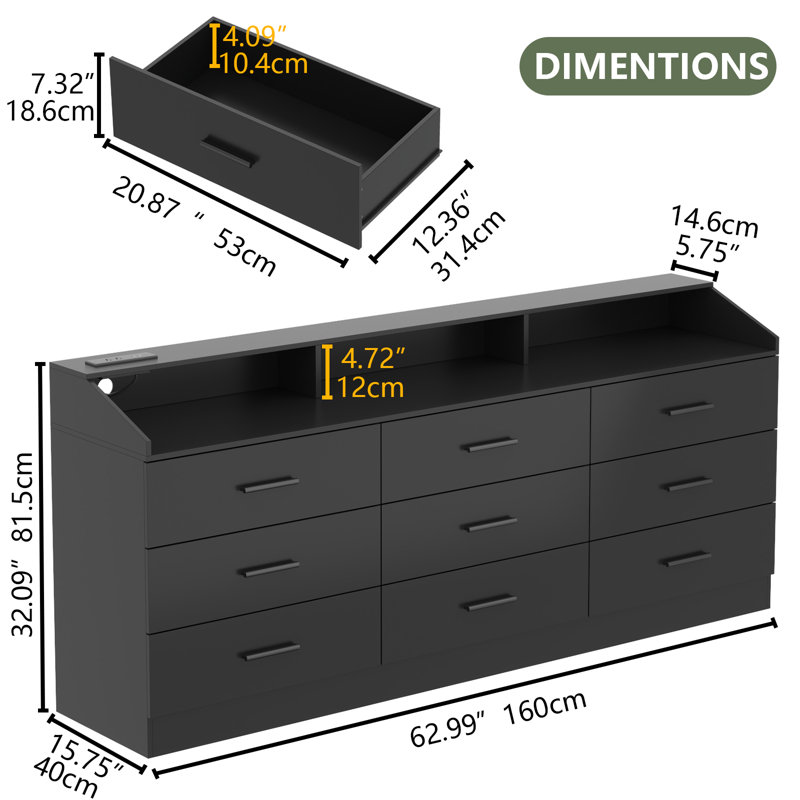 Lastarr 62.99'' W 9 - Drawer Dresser, Black