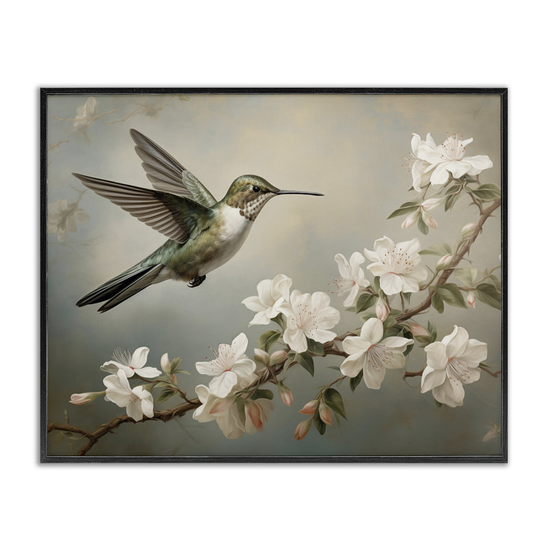 Art de giclée encadrée printanière, colibri printanier et fleurs, design par Arlington Prints, H 24 po x l 30 po