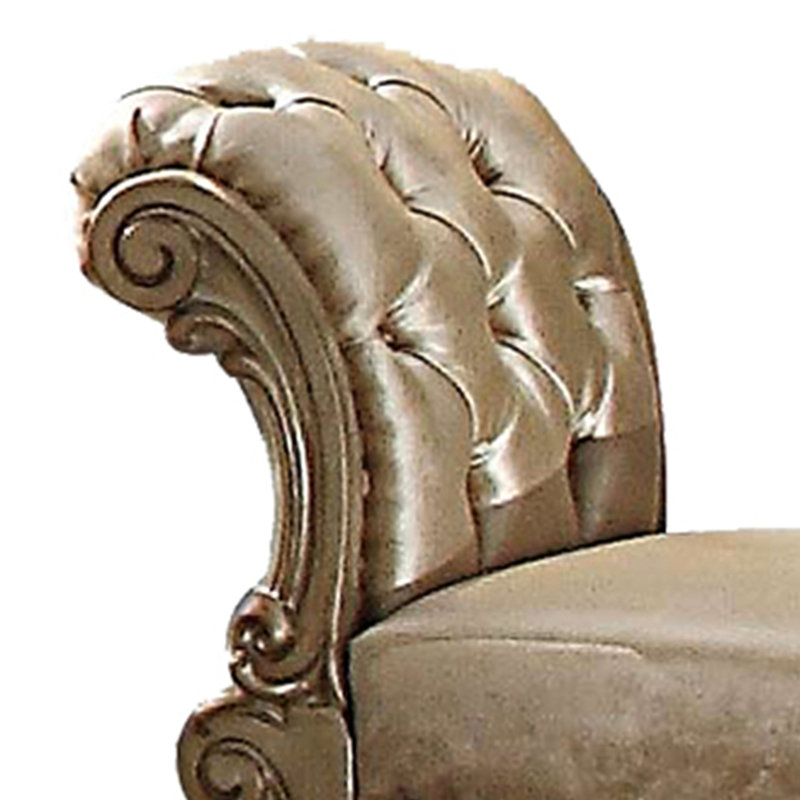 Traditional Bedroom Vanity Stool, Brown Upholstery, Rectangular Shape, 28 Inches High Taupe + Gold Stool With Scrolled Base, Button , 25" Wide X 28" 20" Deep