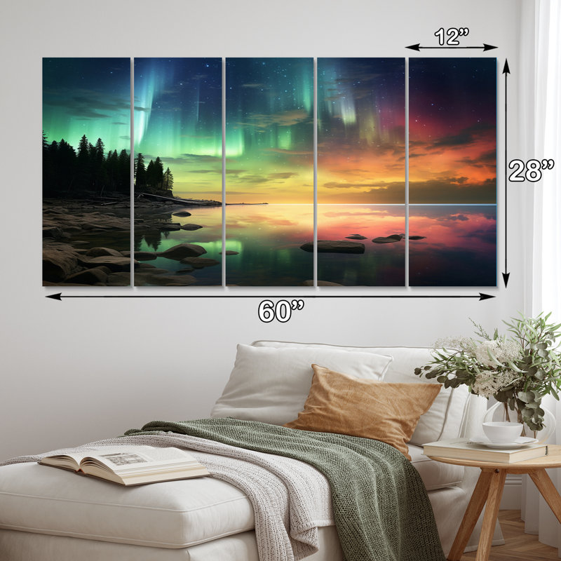 «Magical Lake Landscape Aurora Borealis», reproduction d'art mural Northern Lights - 5 panneaux égaux