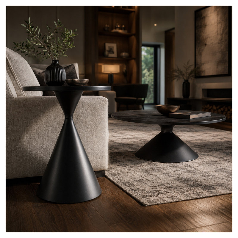 Ensemble de 2 tables basses rondes avec dessus à motifs noirs et bases de sablier noires assorties, Noir