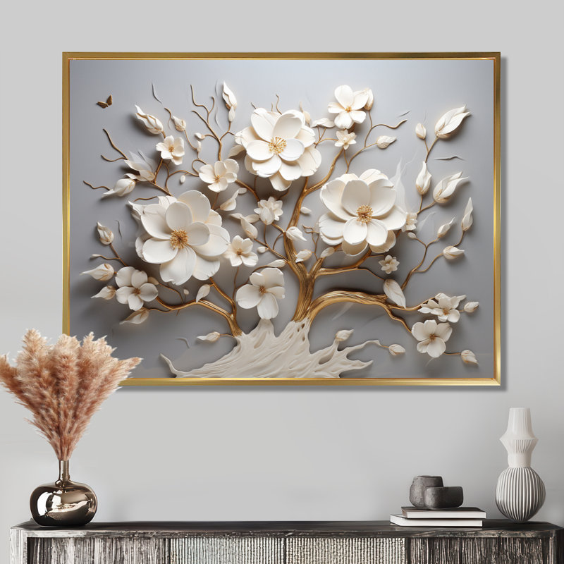 Orchidée blanche jardin de branches 10 - Art mural floral abstrait pour le salon, Cadre flottant doré