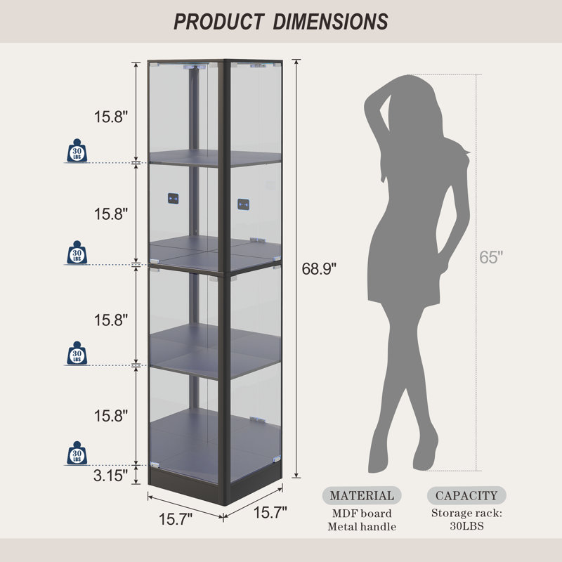 69"H 4-Tier Corner Display Cabinet with Light, Black