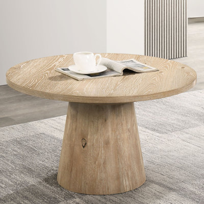 Table basse ronde de style contemporain avec aspect chêne, base conique, bois d'hévéa et bois d'ingénierie, profondeur de conception de 29 pouces de diamètre, placage, piédestal en forme de bois d'hévéa, diamètre de 29 po,