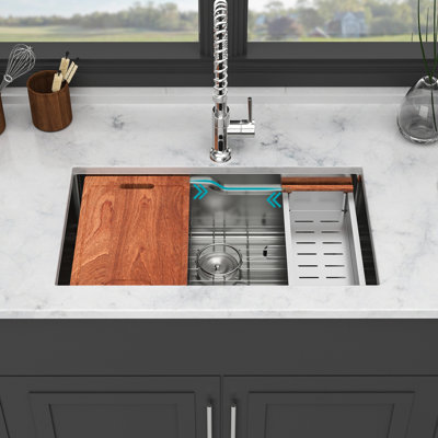 16 Gauge T304 Stainless Steel 33 X 19 Inch Undermount Single Bowl Kitchen Sink With Z - Shaped Ledge For Versatile Work, X Water Flow Fast Drain, Coating And Pad Package Dish Grid Colander 33"