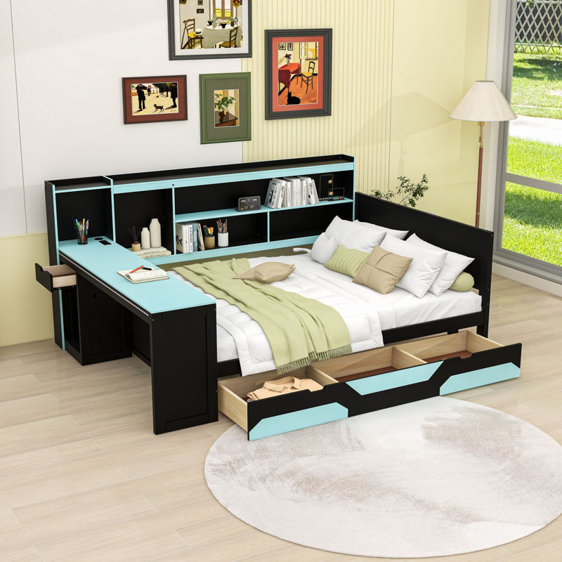 Lit de jour de jeu intégré avec bureau intégré, éclairage d'ambiance et tiroirs de rangement, Grand lit, Noir / Bleu