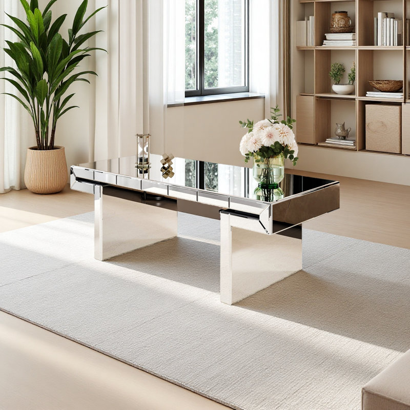 Table basse à miroir rectangulaire de luxe 47 pouces avec verre trempé cannelé, table d'appoint moderne pour canapé, assemblage facile en 2 étapes, style luxueux léger, emballage renforcé