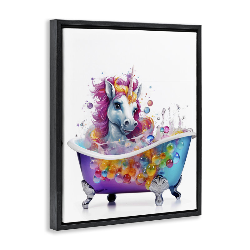 "Rainbow Bubbles", licorne grise, encadrée par Mary Cunningham, Cadre flottant noir de jais, H 21 po x l 17 po