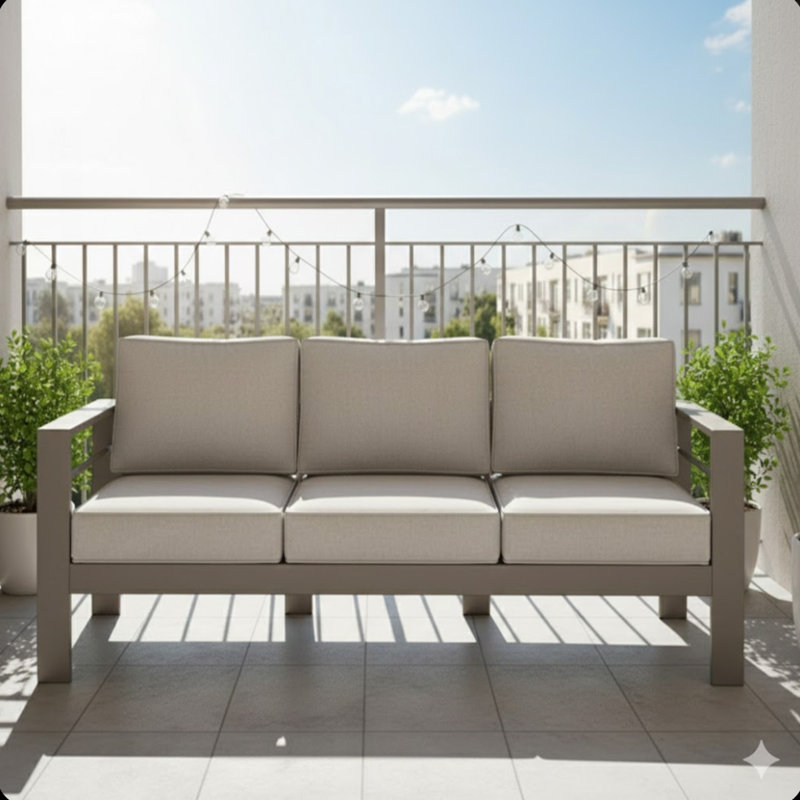 75" All-Weather Metal 3-Seat Patio Sofa Couch With Thick Beige Cushions & Khaki Frame, Beige, Copper