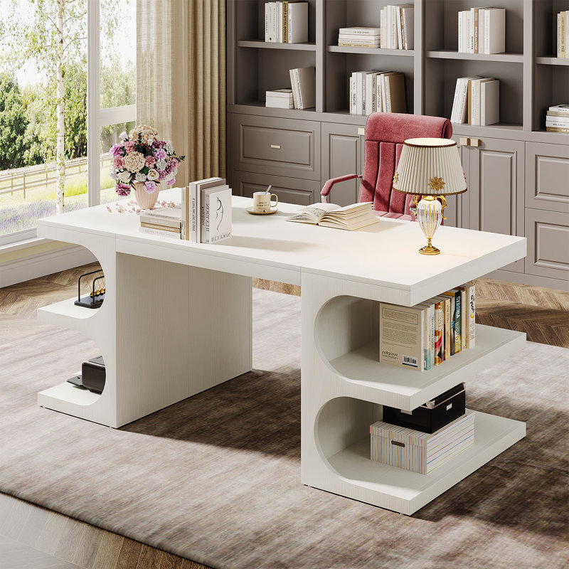 62" White Computer Desk For Home Office, Modern Writing Desk with  Storage Shelves