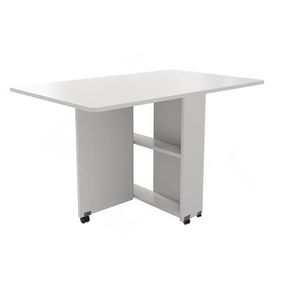 Folding Drop Leaf Dining Table with 6 Wheels and 2-Layer Storage Shelf, Space Saving Table for Small Spaces, White by Ebern Designs