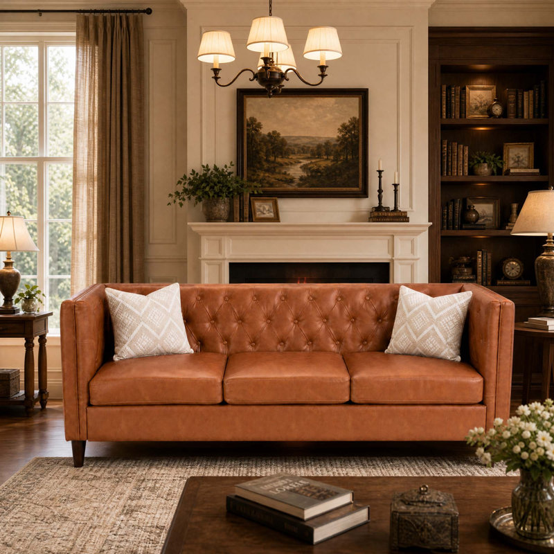 Canapé de 81 pouces moderne en cuir, canapé Chesterfield capitonné à boutons 3 places avec assise profonde, canapé en cuir de polyuréthane pour appartement et bureau