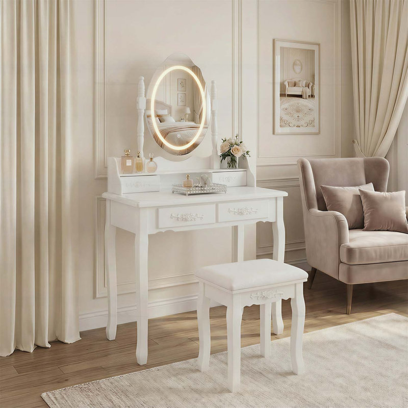Ensemble de coiffeuse White Princess avec miroir lumineux à DEL, rangement à 4 tiroirs et tabouret rembourré pour chambre de fille