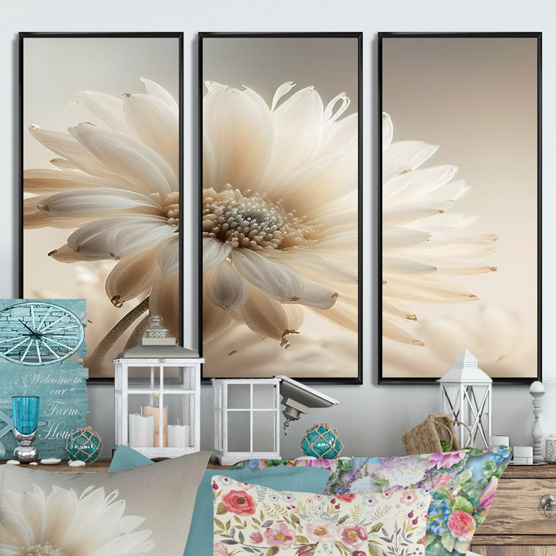 «White Gerbera Flowers III», reproduction sur toile 3 pièces, Cadre noir, H 32 po x l 48 po x P 1 po