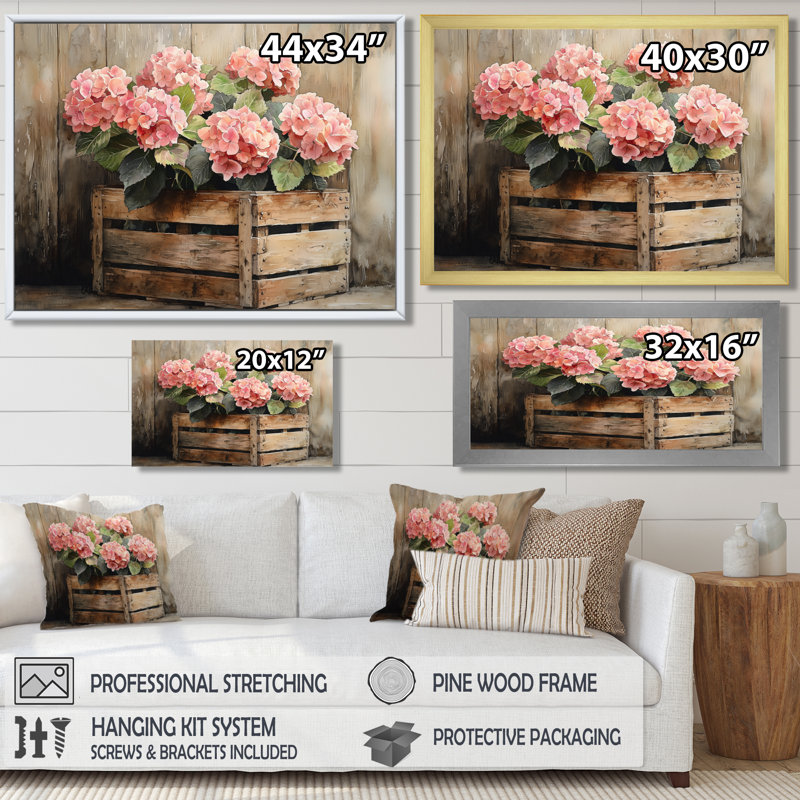 «Dismore Farmhouse Hydrangeas In A Wooden Crate I - Hydrangea», art mural sur toile, H 30 po x l 40 po