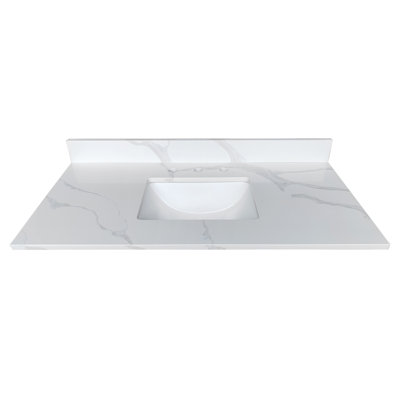 Plateau de meuble-lavabo en quartz 43 po, lavabo central encastré à simple cuve de 3/4 po d'épaisseur, dosseret de 4 po de hauteur, 3 trous de robinet pré-percés, résistant aux taches et à la chaleur, quartz blanc de Carrare avec veines