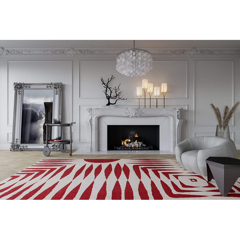 Wool Geometric Area Rug in Red/White, Rectangle 3' x 5'