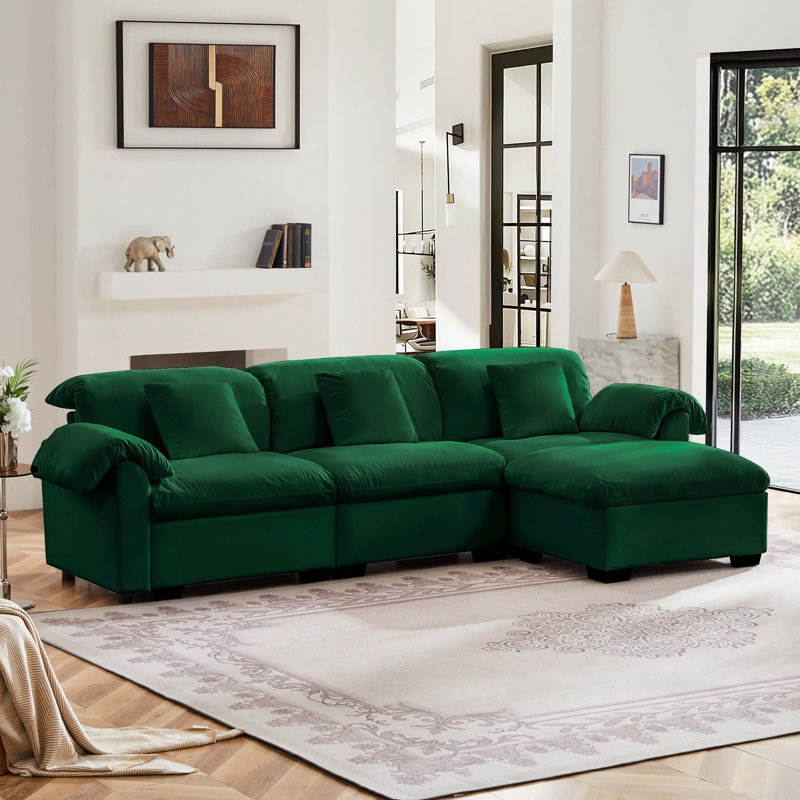 3 Deep Seat L-Shaped Modular Sofa With Storage Seats & 1 Storage Ottomans, Green Velvet