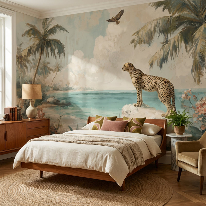 Papier peint tropical avec motif floral guépard, Non-Woven Nonpasted, 140"x108"
