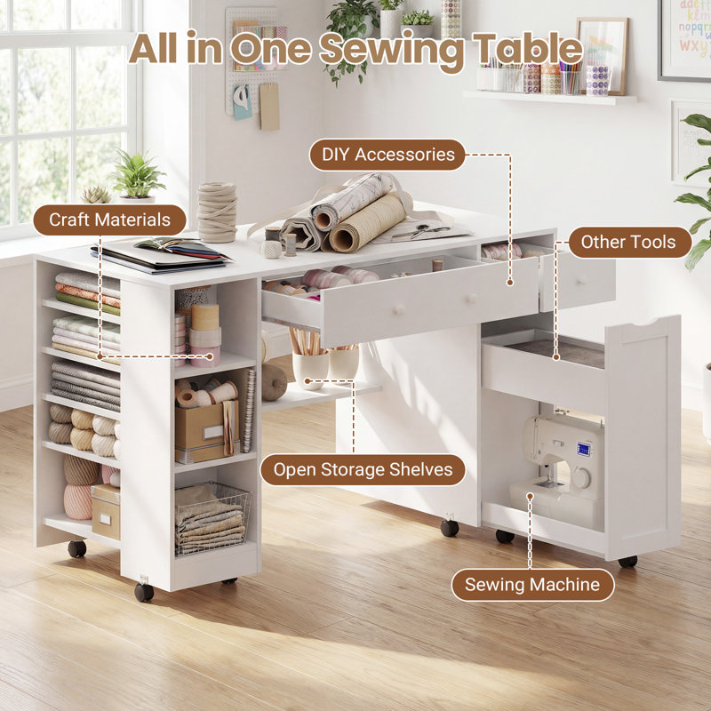 53″W Pull-Out Sewing Craft Table with Storage,Mobile Sewing Machine Desk with Drawers & Adjustable Cabinet, white