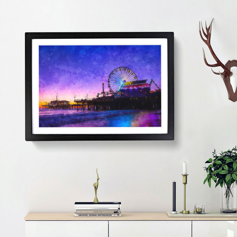 Santa Monica Pier Fairground - Picture Frame Painting Print, 45cm H x 63cm W x 2cm D, Black Framed