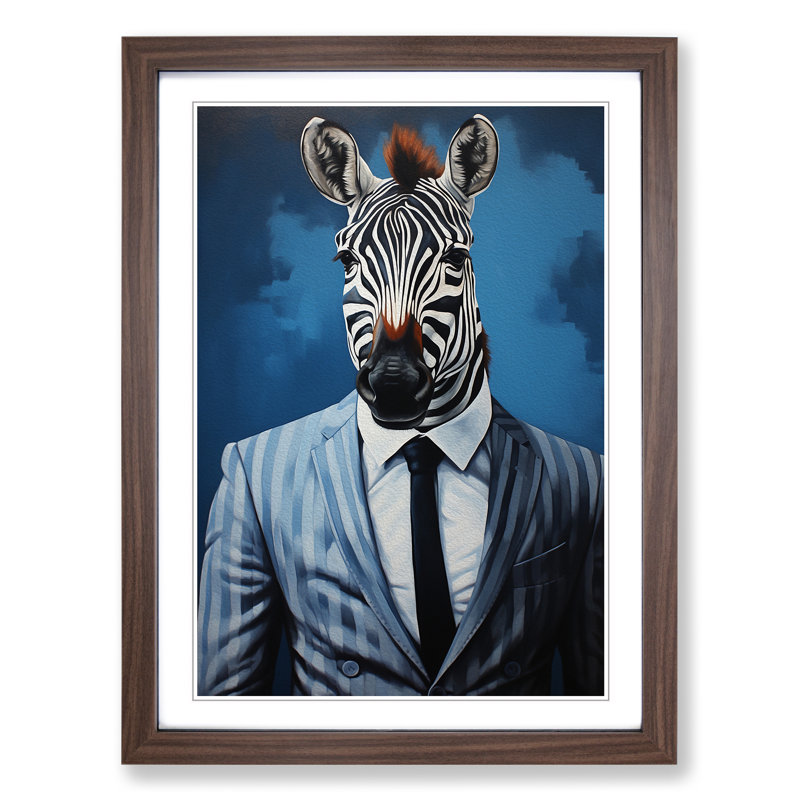 Zebra In A Suit Painting - Single Picture Frame Print on Wood, 46cm H x 34cm W x 2cm D, Walnut