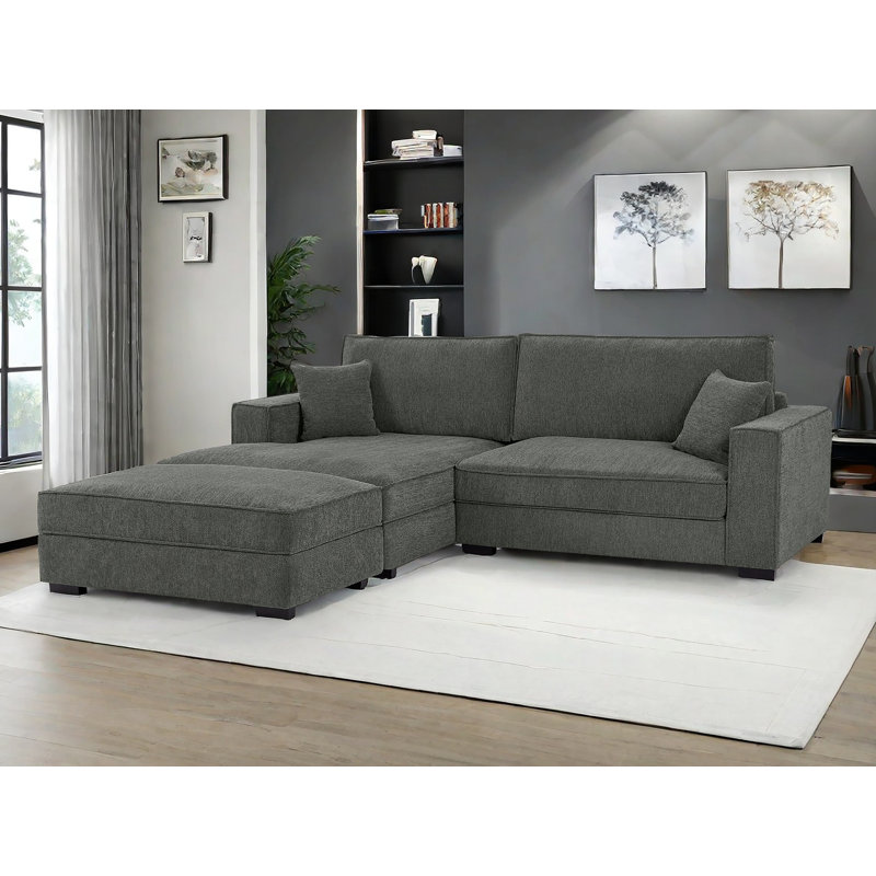 102" Upholstered Deep Seat Chaise Sofa With Ottoman, Left Hand Facing, Dark Gray Polyester