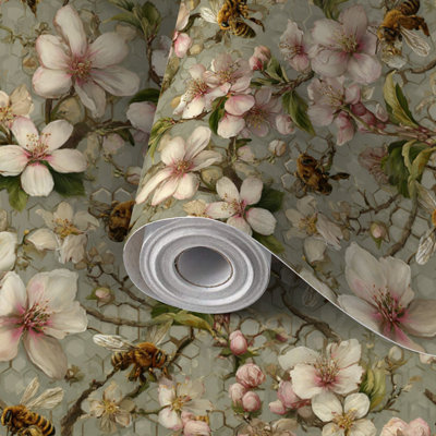 Papier auto-adhésif auto-adhésif et amovible pour papier peint avec abeille botanique rétro 17,7 po x 118 po (45 x 300 cm)