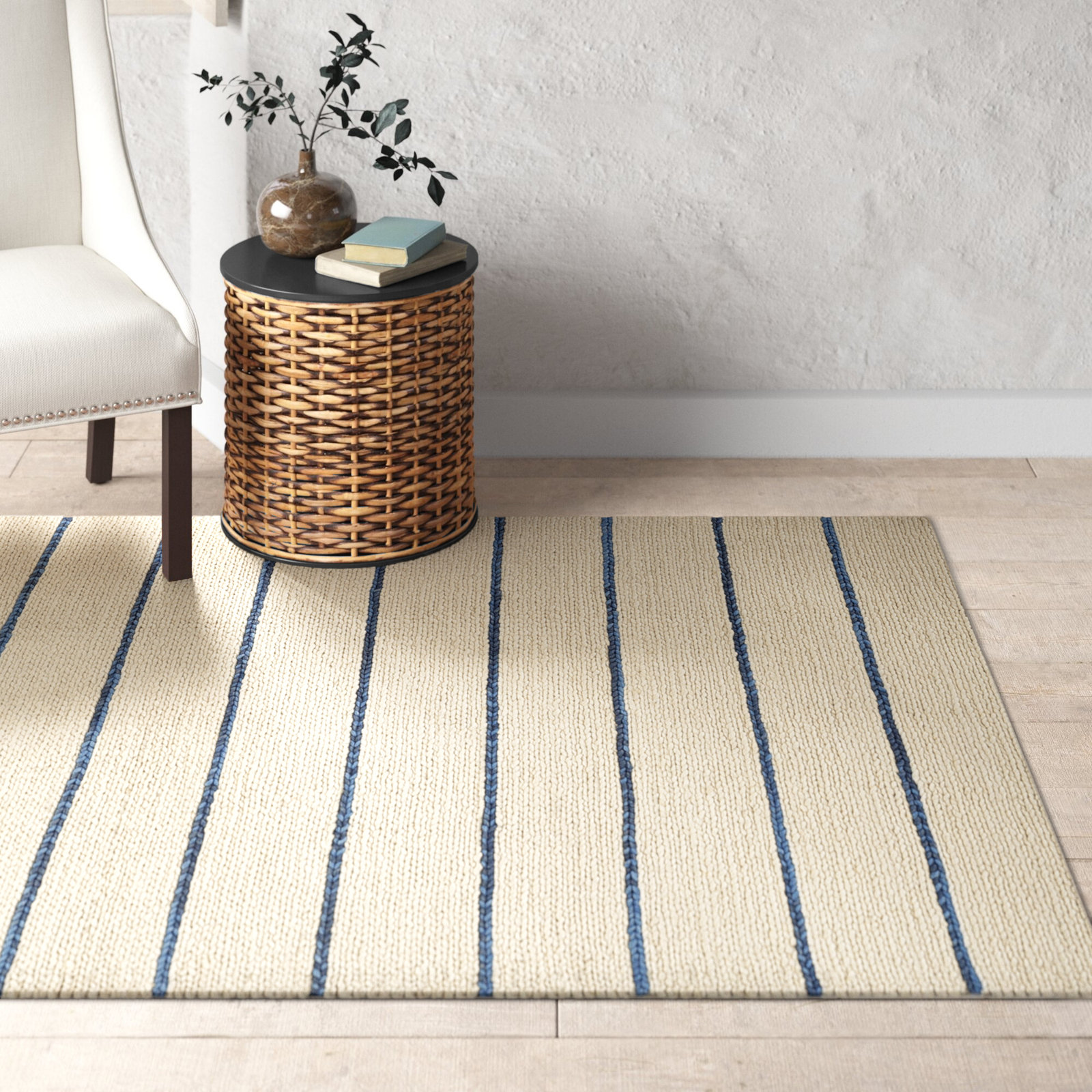Lemington Beige Blue Hand-Braided Striped Rug, Rectangle 5' x 8'