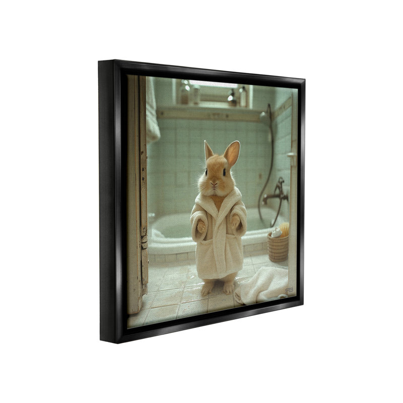 "Lapin en peignoir" par RB sur toile, Cadre flottant noir de jais, H 18 po x l 18 po