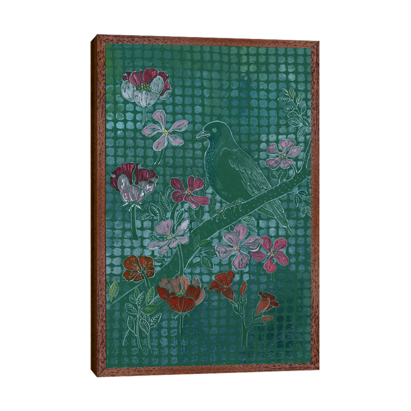Bird on Green 1 Piece Painting on Canvas, 101.6 cm H x 66.04 cm W, Classic Brown Wood Framed