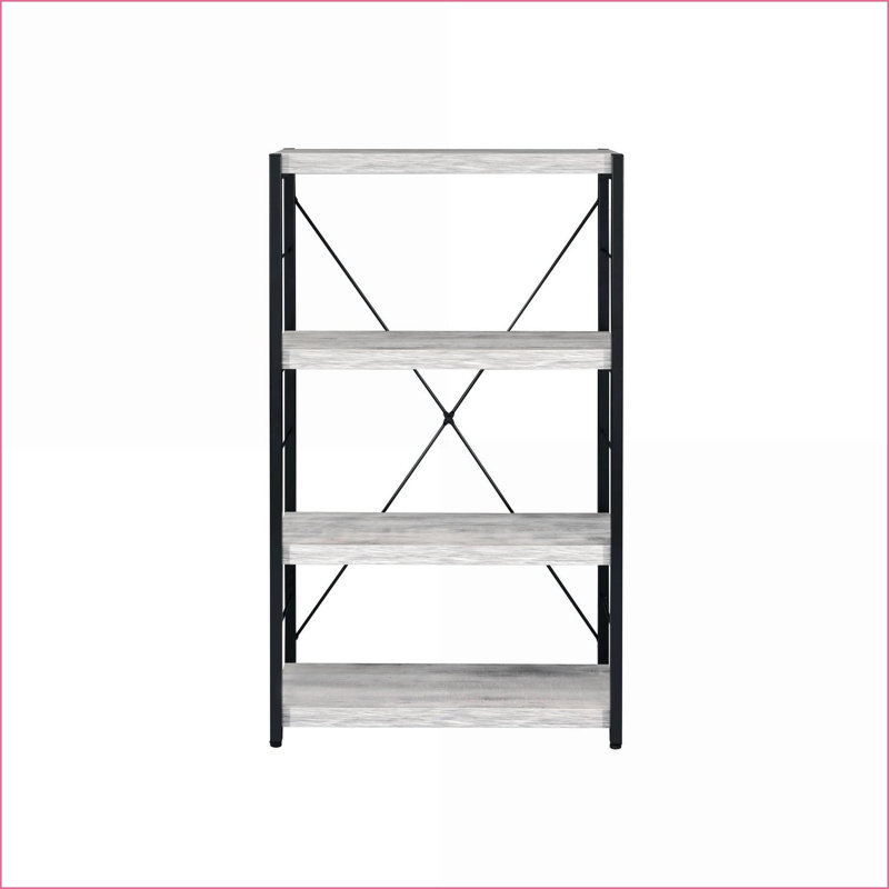Bibliothèque, rangement ouvert de style étagère | Structure en métal bois synthétique | Blanc antique et noir