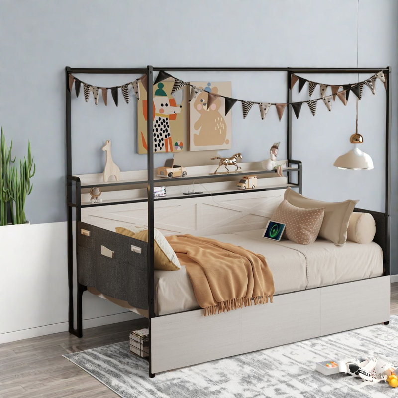 Lits simples peu encombrants avec tiroirs de rangement, panneau de fibres à densité moyenne et métal, maison familiale moderne