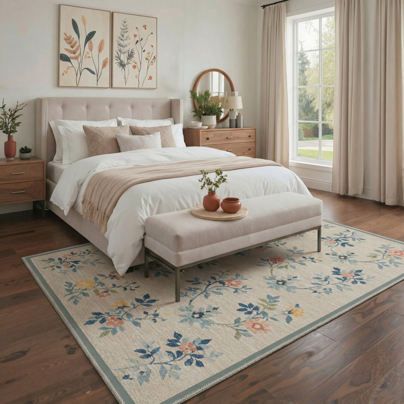 Verdura Floral Machine Washable Beige / Green / Blue Indoor Area Rug with Non-Slip Backing, Rectangle 8' x 10'