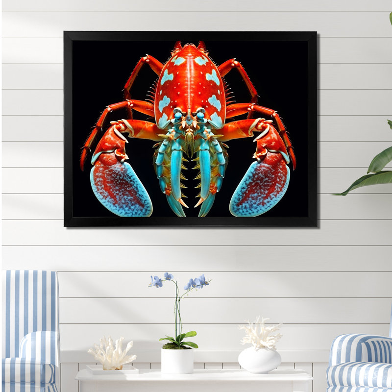 Photo de crevette mante rouge et turquoise sur toile, 34" H x 44" W x 1.5" D, Black Single Picture Framed
