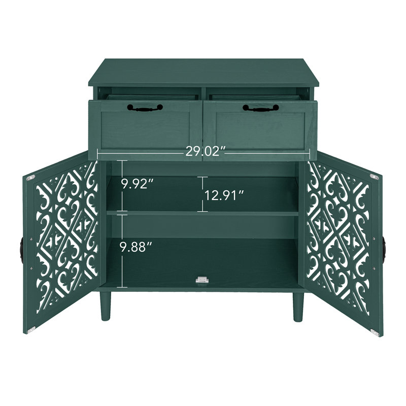  Armoire de rangement 2 portes 2 tiroirs, buffet d'appoint avec portes sculptées, vert foncé