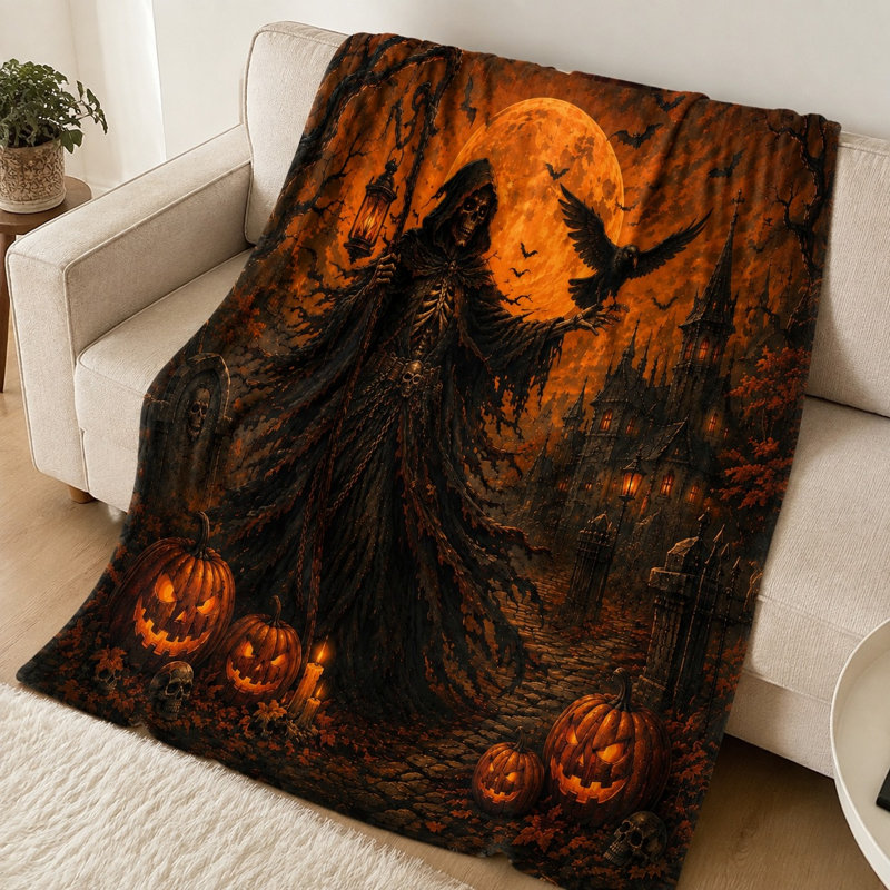 Couverture polaire douce et effrayante avec citrouille et lanterne pour l'Halloween, idéale pour décorer un canapé, une chambre ou un salon.