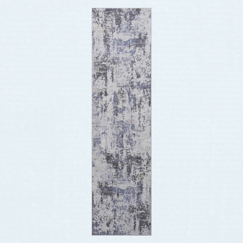 Runner Rug Synthetic Fiber Stain Resistant Non-Shedding Abstract Grey Denim Medium 2' x 8'