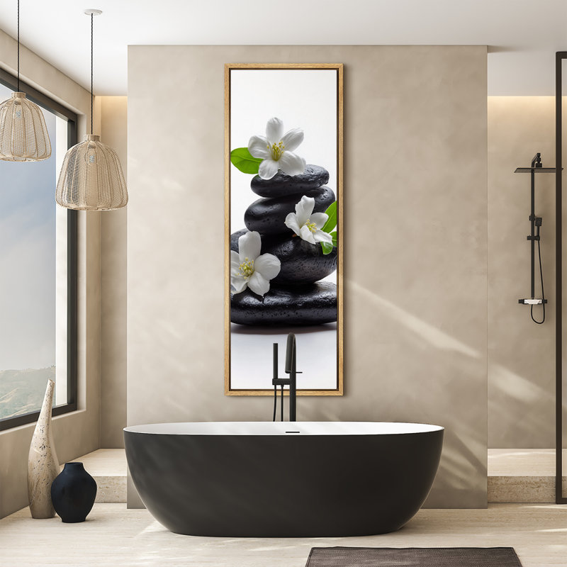 «Black Zen Stones» avec fleurs blanches et feuilles vertes, art très grand, impression sur toile encadrée, H 60 po x l 20 po