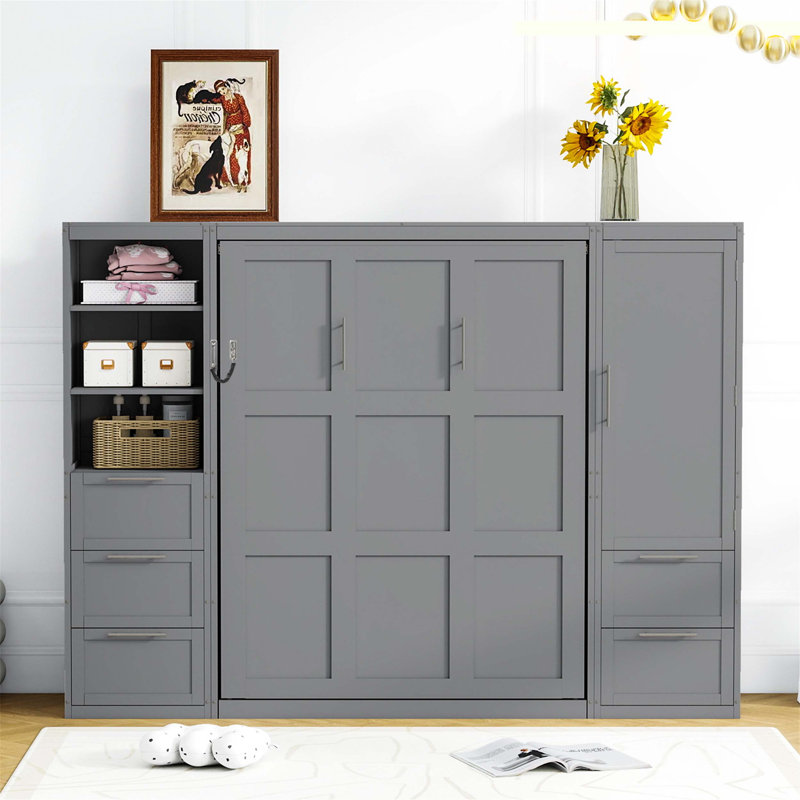 Grand lit escamotable grand format avec placard, tiroirs et tablettes, conception compacte et peu encombrante pour les maisons modernes